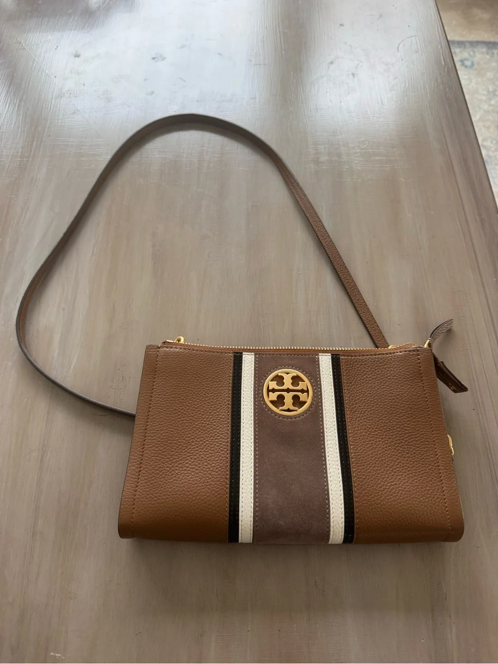 Tory Burch Carson Brown Leather Crossbody with Cream and Dark Brown Stripes